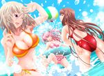  adjusting_clothes adjusting_swimsuit ass ball bangs bare_arms beachball bikini blonde_hair breasts brown_hair cleavage closed_eyes competition_swimsuit day highres large_breasts long_hair looking_back multiple_girls navel ocean one-piece_swimsuit one_eye_closed open_mouth original outdoors pink_hair short_hair side-tie_bikini splashing swimsuit tsukumo twintails water 