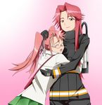  firefighter highschool_of_the_dead hug mother_and_daughter multiple_girls pink_hair ribonzu school_uniform serafuku takagi_saya takagi_yuriko twintails 