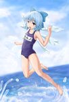  barefoot blue_eyes blue_hair cirno feet flat_chest flying legs lou_(battle32) name_tag one-piece_swimsuit school_swimsuit short_hair solo swimsuit touhou wings 