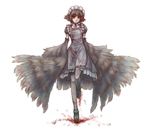  apron blood dress feathered_wings feathers full_body futaba_channel gustav_(telomere_na) harpy legs maid maid_headdress monster_girl nijiura_maids short_hair simple_background solo standing standing_on_one_leg thighhighs wings yabai 