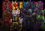  armor beetle_undead beige_eyes breastplate glowing glowing_eyes green_eyes heart helmet horns kamen_rider kamen_rider_blade_(series) kamen_rider_chalice machinery mantis_undead moi_(yfvlibbl9i) monster multiple_boys spider_undead stag_undead standing thorns 