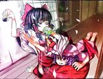  bad_id bad_pixiv_id barefoot bat_wings black_hair bow drinking food hair_bow hakurei_reimu hat looking_down looking_up lying multiple_girls onigiri organ_derwald outstretched_hand petals purple_hair reaching remilia_scarlet seiza side_slit sitting tears touhou veranda wings 