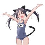  \o/ animal_ears armpits arms_up bad_id bad_pixiv_id black_hair cat_ears cat_tail closed_eyes fang flat_chest francesca_lucchini happy long_hair mofu name_tag one-piece_swimsuit outstretched_arms school_swimsuit smile solo strike_witches swimsuit tail thigh_gap twintails world_witches_series 