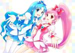  bad_id bad_pixiv_id blue_choker blue_hair blue_skirt bow choker co_jet cure_blossom cure_marine dutch_angle earrings hair_bow hanasaki_tsubomi heartcatch_precure! holding_hands jewelry kurumi_erika long_hair magical_girl multiple_girls outstretched_arm outstretched_hand pink_bow pink_choker pink_hair precure reaching side_ponytail skirt smile thighhighs wristband zettai_ryouiki 