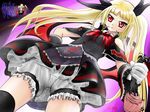  blazblue blonde_hair bloomers bow garyljq highres long_hair nago rachel_alucard red_bow red_eyes ribbon solo thighhighs twintails underwear 