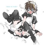  bird blue_eyes blush brown_hair crossdressing headdress kuroba_kaito maid male_focus meitantei_conan otoko_no_ko panties short_hair solo thighhighs toujou_sakana underwear white_background 