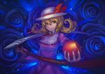  apple bad_apple!! blonde_hair blue_flower blue_rose elly flower food foreshortening fruit hat holding holding_food holding_fruit rose scythe solo touhou touhou_(pc-98) woxiljj yellow_eyes 