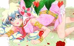  1girl armlet bad_id bad_pixiv_id barefoot bracelet cloud_hair flower hair_flower hair_ornament jewelry kinzou_(2828) leaf long_hair lying multicolored_hair nia_teppelin pink_skirt skirt smile solo tengen_toppa_gurren_lagann texture two-tone_hair 