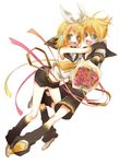  1girl aqua_eyes bad_id bad_pixiv_id blonde_hair bouquet brother_and_sister flower hair_ornament hair_ribbon hairclip headphones kagamine_len kagamine_rin not red_flower red_rose ribbon rose short_hair siblings smile twins vocaloid 