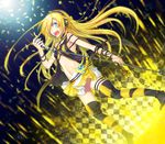  bad_id bad_pixiv_id blonde_hair blue_eyes boots cable cd checkered checkered_floor collar headphones legs lily_(vocaloid) long_hair microphone microphone_stand music navel open_mouth renta_(deja-vu) singing skirt solo thigh_boots thighhighs vocaloid zettai_ryouiki 