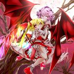  bare_tree bat bat_wings bobby_socks eyelashes flandre_scarlet flying full_moon givuchoko highres hug large_wings moon multiple_girls no_hat no_headwear ponytail purple_hair red_eyes red_sky remilia_scarlet short_hair siblings side_ponytail sisters sky socks touhou tree wings 