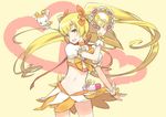  blonde_hair bow choker cure_sunshine hair_ribbon heart heart_background heartcatch_precure! instrument kuroboshi_kouhaku long_hair magical_girl midriff myoudouin_itsuki navel open_mouth orange_bow orange_choker orange_skirt potpourri_(heartcatch_precure!) precure ribbon shiny_tambourine skirt smile tambourine twintails wrist_cuffs yellow yellow_background yellow_eyes 