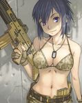  abs assault_rifle belt bikini bikini_top blue_hair breasts camouflage camouflage_bikini cleavage dog_tags eotech fingerless_gloves fn_scar gloves gun highres itou_(onsoku_tassha) large_breasts light_smile magazine_(weapon) military navel original purple_eyes rifle short_hair solo swimsuit trigger_discipline upper_body weapon 