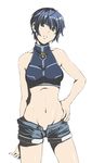  bad_id bad_pixiv_id blue_hair face green_eyes groin highres lyrical_nanoha mahou_shoujo_lyrical_nanoha_strikers midriff oda_masaki_(b-minor) open_fly short_hair short_shorts shorts solo subaru_nakajima unbuttoned unzipped 