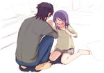  1girl bad_id bad_pixiv_id barefoot blush closed_eyes family father_and_daughter feet higebu holding_hands inazuma_eleven inazuma_eleven_(series) kudou_fuyuka kudou_michiya living_room long_hair purple_hair shorts sitting sketch tears wariza 