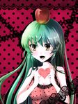  alternate_hairstyle apple bad_id bad_pixiv_id bare_shoulders breasts brown_eyes camisole cleavage fangs food fruit green_hair hatsune_miku heart heart_hands highres lace long_hair medium_breasts on_head romeo_to_cinderella_(vocaloid) solo vocaloid yamineko 