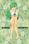  absurdres anklet barefoot bikini breasts character_name cleavage feet frog green_hair hair_ornament hands highres jewelry kochiya_sanae legs long_hair medium_breasts snake solo swimsuit takano_kiriko toe_ring touhou yellow_eyes 