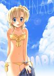  :d bikini blonde_hair blue_eyes blush bracelet clannad cloud day front-tie_top genderswap genderswap_(mtf) jewelry lens_flare lowleg lowleg_bikini navel okazaki_beru open_mouth short_hair side-tie_bikini side_ponytail sky smile solo sunohara_youko swimsuit undressing yellow_bikini 