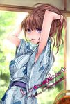  adjusting_hair anegasaki_nene armpit_peek bad_id bad_pixiv_id blue_kimono brown_hair hair_ornament hairpin hand_in_hair japanese_clothes kaguyuzu kimono lips love_plus mole mole_under_eye purple_eyes solo yukata 