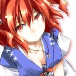  breasts cleavage coin collarbone downblouse face from_above jewelry medium_breasts necklace onozuka_komachi red_eyes red_hair short_hair smile solo touhou yuuki_eishi 