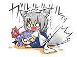  animal_ears bat_wings blue_hair caught chibi dog_ears dog_tail hat inu_sakuya izayoi_sakuya kemonomimi_mode maid_headdress o_o remilia_scarlet ribbon silver_hair solo surprised tail touhou viva!! wings wrist_cuffs yukkuri_shiteitte_ne 