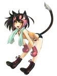  ahoge animal_ears bent_over black_hair boots boxing_gloves boxing_headgear buruma cat_ears cat_tail cross-laced_footwear hands_on_own_knees lace-up_boots leaning_forward nekoya_saki open_mouth original simple_background solo tail towel towel_around_neck yellow_eyes 