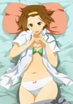  bad_id bad_pixiv_id blush_stickers bow bow_panties bra breasts brown_eyes brown_hair cleavage hairband heart heart_hands k-on! lingerie lying navel nuezou on_back open_clothes open_shirt panties pillow shirt short_hair skirt skirt_pull small_breasts solo tainaka_ritsu underwear white_panties 