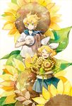  1girl blonde_hair brother_and_sister closed_eyes flower hat highres kagamine_len kagamine_rin sailor siblings sunflower twins utacoco vocaloid 