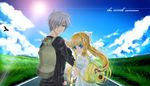  1girl air air0w0 backpack bag bird blonde_hair blue_eyes casual dress flower kamio_haruko kamio_misuzu kunisaki_yukito long_hair looking_back puppet road short_hair silver_hair smile sun sunflower 