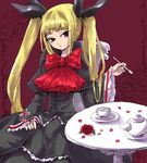  blazblue blonde_hair bow cup flower long_hair petals rachel_alucard red_bow red_eyes red_flower red_rose ribbon rose rose_petals solo spoon table twintails yodori-san 