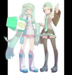  black_legwear boots cosplay costume_switch crossover detached_sleeves eureka eureka_(cosplay) eureka_seven eureka_seven_(series) green_hair hatsune_miku hatsune_miku_(cosplay) legs long_hair multiple_girls short_hair stregoicavar thigh_strap thighhighs twintails very_long_hair vocaloid white_footwear 