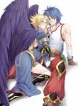  1girl angel_wings bad_id bad_pixiv_id blonde_hair blue_hair blush boots breath_of_fire breath_of_fire_ii couple green_eyes hetero knee_boots legs long_hair nina_(breath_of_fire_ii) purple_wings ryuu_(breath_of_fire_ii) shy taka_yanagi thighs wings 