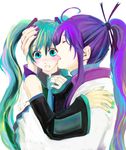  1girl aqua_eyes aqua_hair bad_id bad_pixiv_id blush closed_eyes detached_sleeves green_nails hatsune_miku honoka_(ranukirai) hug kamui_gakupo licking long_hair nail_polish ponytail purple_hair purple_nails simple_background tongue twintails very_long_hair vocaloid 