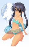  barefoot bikini black_hair brown_eyes covered_nipples ekakibito flat_chest highres innertube k-on! kneeling long_hair nakano_azusa solo swimsuit tan twintails 