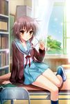  absurdres book cardigan curtains eyewear_removed glasses highres holding holding_eyewear kaishaku kita_high_school_uniform nagato_yuki petals scan school_uniform serafuku shoes short_hair silver_hair sitting socks solo suzumiya_haruhi_no_yuuutsu uwabaki window 