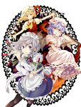  apron bad_id bad_pixiv_id bat_wings blonde_hair blue_eyes blue_hair braid flandre_scarlet hat izayoi_sakuya knife maid maid_headdress multiple_girls one_side_up pantyhose platinumcorundum ponytail red_eyes remilia_scarlet short_hair silver_hair touhou twin_braids wings 