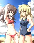  bikini black_school_swimsuit blonde_hair braid brown_eyes brown_hair day hakurei_reimu holding_hands kirisame_marisa long_hair multiple_girls navel one-piece_swimsuit ponytail rariemonn school_swimsuit side-tie_bikini swimsuit touhou yellow_eyes 