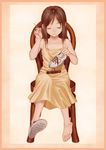  bad_id bad_pixiv_id bare_shoulders barefoot brown_hair chair closed_eyes dress feet full_body highres holding_needle light_smile long_hair needle original shoes single_shoe sitting smile solo stitches yukihiro 