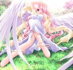  angel_wings anklet bad_feet barefoot breasts feet grass jewelry large_breasts legs long_hair ninja_toes oono_tetsuya outdoors pink_hair please_teach_my_angel purple_eyes sitting solo very_long_hair wince wings 