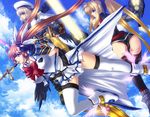  ass bad_id bad_pixiv_id bardiche blue_sky bow bowtie breasts brown_hair cloud day fate_testarossa fingerless_gloves floating_hair full_body gloves hat jacket juri_(shiningred) large_breasts long_sleeves lyrical_nanoha magical_girl mahou_shoujo_lyrical_nanoha_strikers miniskirt multiple_girls open_clothes open_jacket outdoors puffy_sleeves raising_heart red_bow red_neckwear rod schwertkreuz shoes skirt sky staff takamachi_nanoha thighhighs twintails uniform waist_cape winged_shoes wings yagami_hayate zettai_ryouiki 