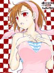  bandana bandeau blush breasts brown_hair camisole large_breasts megami_ibunroku_devil_survivor red_eyes short_hair solo strapless striped tanigawa_yuzu tegaki tegaki_blog tubetop 