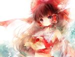  bad_id bad_pixiv_id blush bow brown_hair detached_sleeves hair_bow hakurei_reimu large_bow midriff navel no_nose red_eyes shimeko smile solo touhou upper_body 