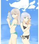  ashuku bikini blonde_hair blue_eyes cloud day eila_ilmatar_juutilainen green_eyes highres long_hair multiple_girls ocean sanya_v_litvyak short_hair silver_hair strike_witches swimsuit water world_witches_series 