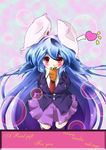  animal_ears bad_id bad_pixiv_id blazer blue_hair bunny_ears carrot heart jacket long_hair mouth_hold necktie pleated_skirt red_eyes red_neckwear reisen_udongein_inaba skirt solo thighhighs touhou very_long_hair zico 