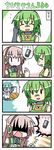  &gt;_&lt; 2girls 4koma ahoge aqua_hair bandages cellphone chibi chibi_miku closed_eyes comic detached_sleeves fingerless_gloves fl-chan fl_studio gloves green_hair hatsune_miku long_hair megurine_luka minami_(colorful_palette) multiple_girls no_eyes phone pink_hair silent_comic turn_pale twintails vocaloid |_| 