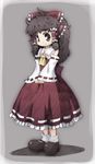 black_eyes black_hair bow detached_sleeves eyebrows hair_bow hakurei_reimu kanno large_shoes mary_janes shoes short_hair smile solo standing touhou 