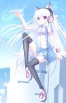  animal_ears cat_ears headphones highres hiraga_matsuri original paper_airplane red_eyes ribbon shoes sneakers solo thighhighs white_hair zettai_ryouiki 