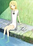  absurdres bad_id bad_pixiv_id barefoot blonde_hair blue_eyes copyright_request feet flower heart highres jewelry kuresu_(alice-pma) ledge long_hair moss necklace off_shoulder shoes sitting soaking_feet solo unzipped wall water zipper 