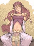  brown_hair elbow_gloves fumio_(rsqkr) gloves long_hair midriff pauldrons pointy_ears princess_zelda purple_eyes seductive_smile sitting sketch smile solo spread_legs the_legend_of_zelda the_legend_of_zelda:_twilight_princess tiara 