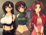  aerith_gainsborough armor bare_shoulders belt beltbra blush bow bracelet breast_hold breasts brown_hair choker cleavage crop_top dress drill_hair earrings final_fantasy final_fantasy_vii green_eyes groin hair_ribbon headband jacket jewelry large_breasts lineup long_hair midriff miniskirt multiple_girls open_fly orange_eyes panties pencil_skirt pink_bow pink_dress red_eyes ribbon shirt short_hair shorts skirt strap striped striped_panties suspenders tank_top taut_clothes taut_shirt tifa_lockhart turtleneck underwear unzipped v_arms very_long_hair yoko_juusuke yuffie_kisaragi 